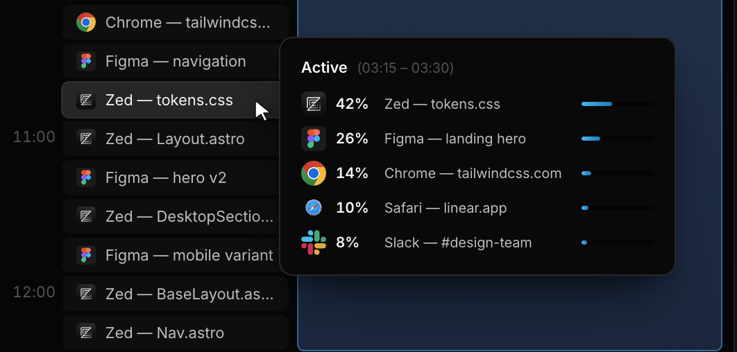 Window activity shown alongside time entries in the desktop app