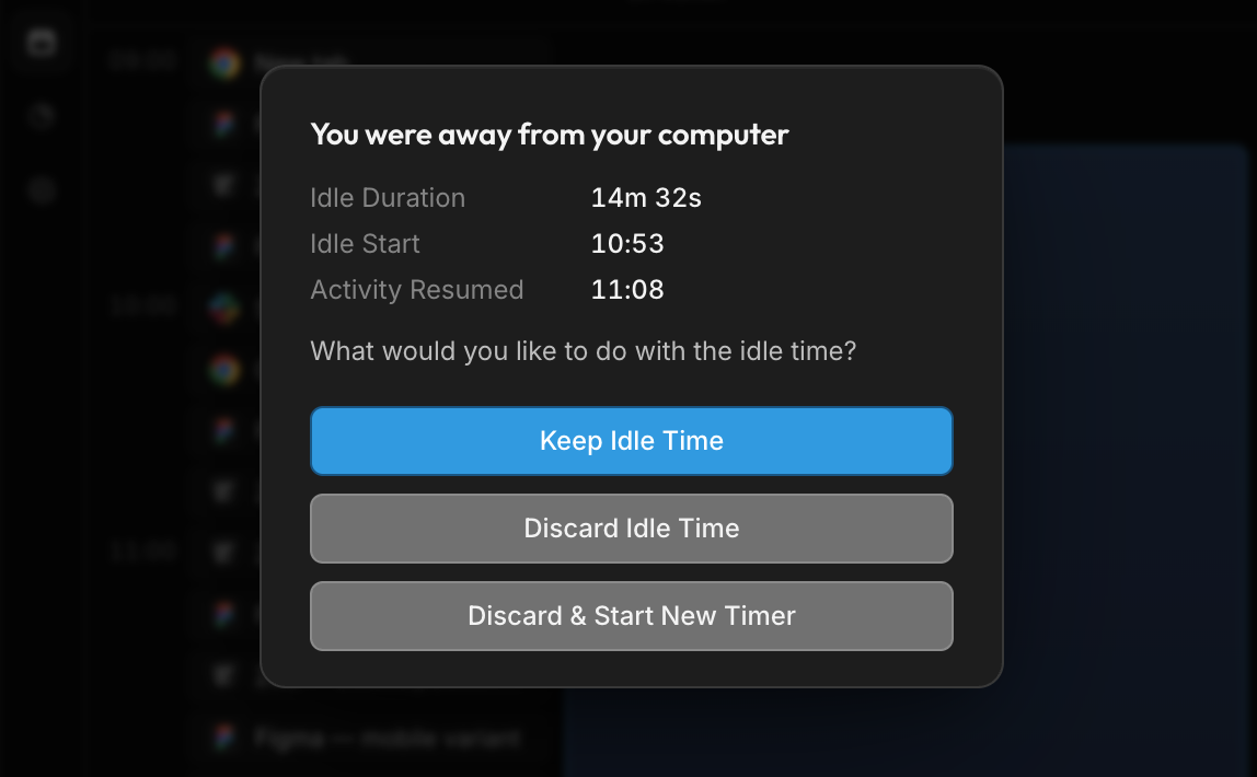 An idle-detection prompt in the solidtime desktop app