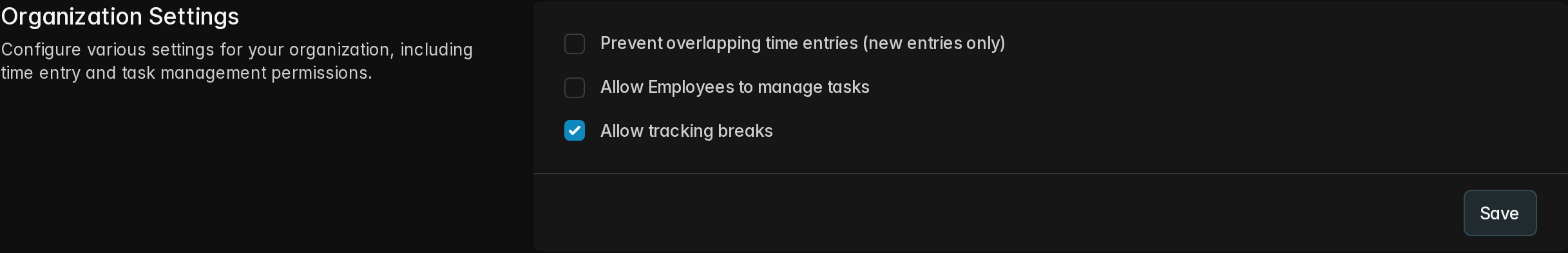 The Allow tracking breaks option in the solidtime organization settings