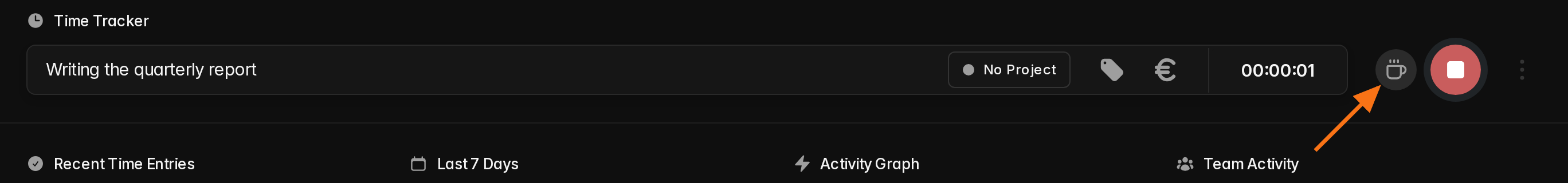 The coffee-cup Take a break button in the solidtime time tracker
