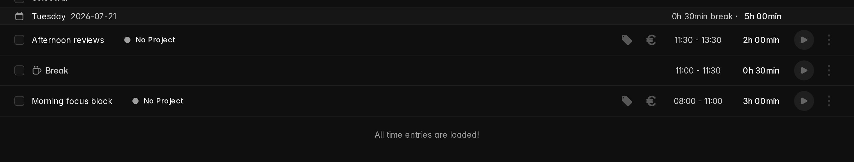 The Time page showing break entries and a separate break total per day
