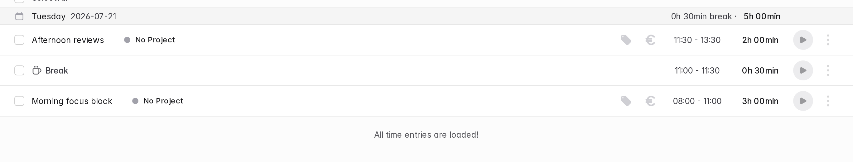 The Time page showing break entries and a separate break total per day