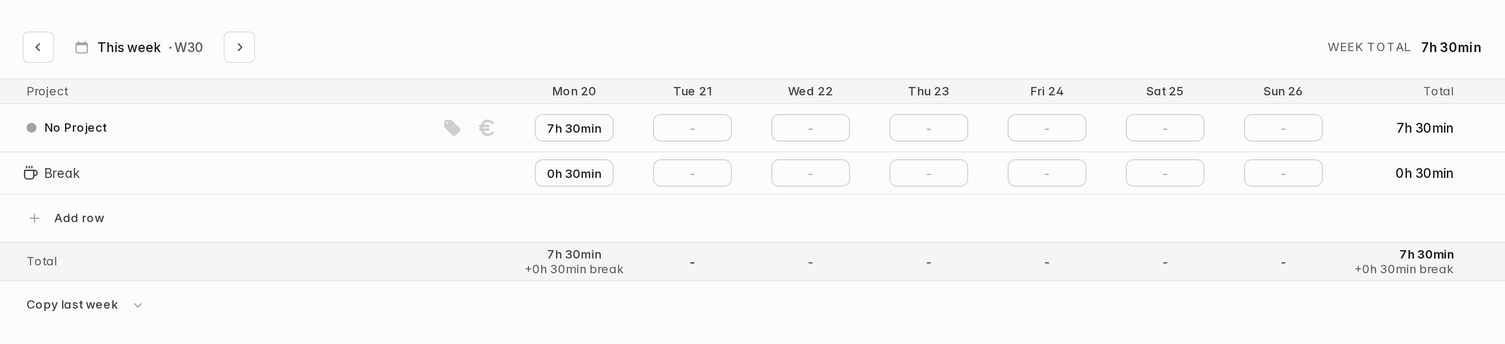 The pinned Break row at the bottom of the solidtime timesheet grid