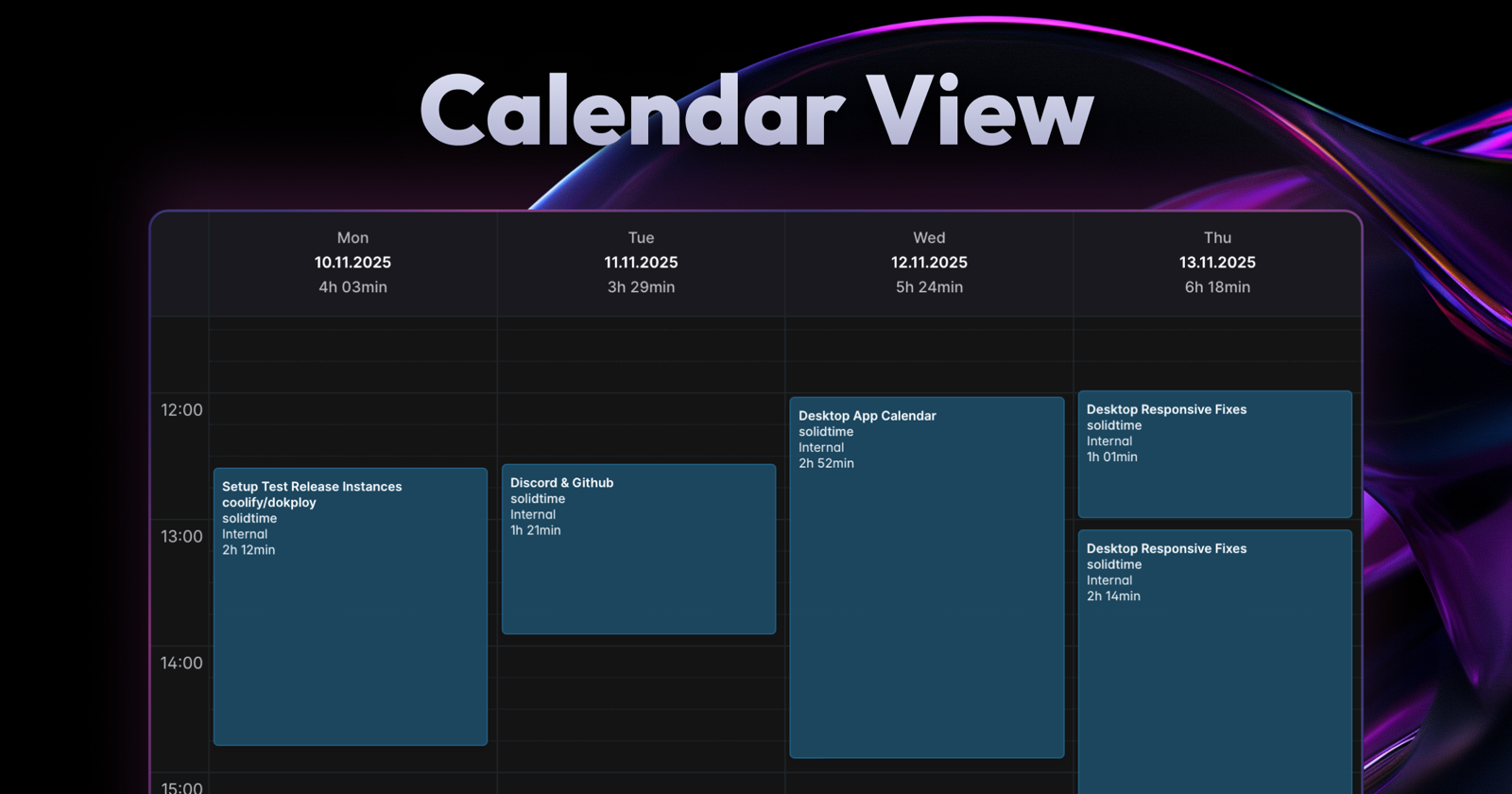 The solidtime calendar view with drag-and-drop time entries