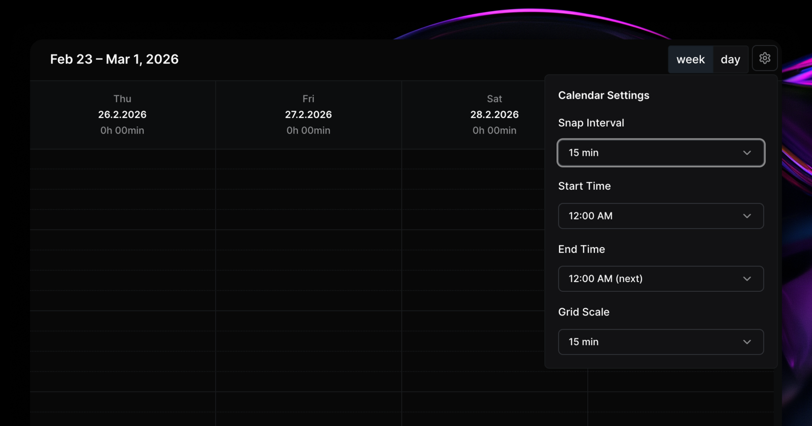 Calendar view settings: snap interval, grid scale, and start/end time