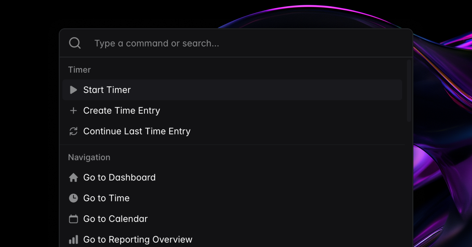 The solidtime command palette opened with Cmd+K