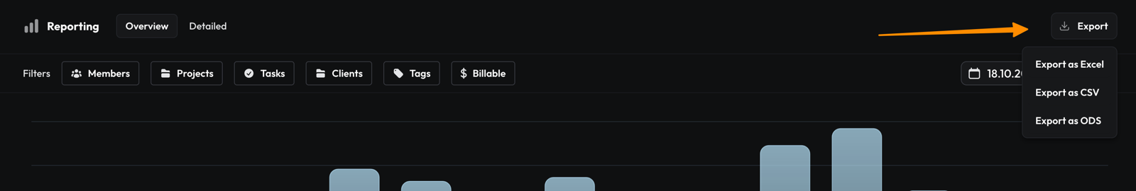 The Export button in the top-right of the solidtime reporting view