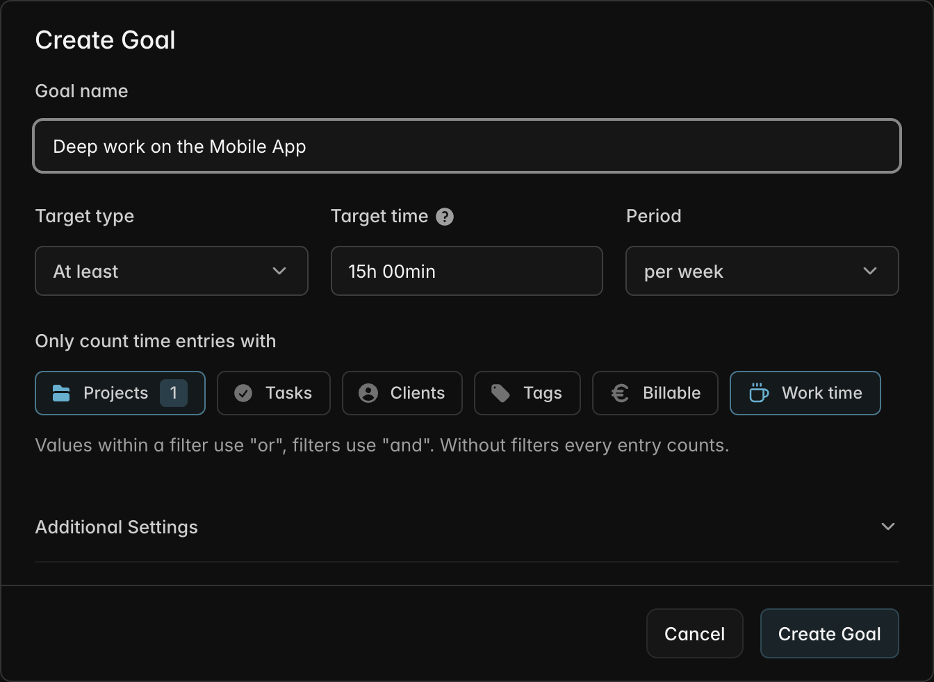 The Create Goal dialog with a name, the target type At least, a target time of 15 hours and the period per week