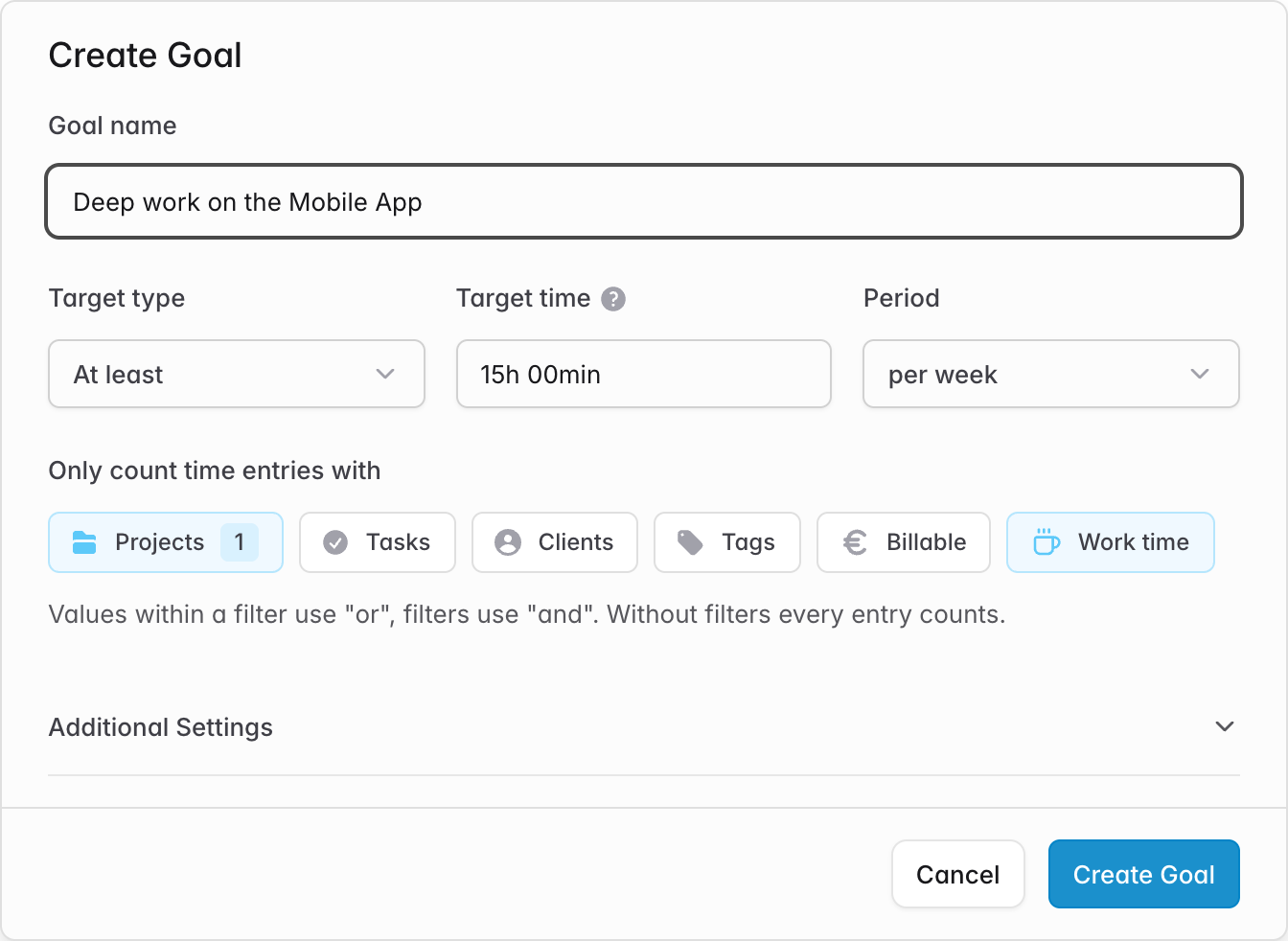 The Create Goal dialog with a name, the target type At least, a target time of 15 hours and the period per week