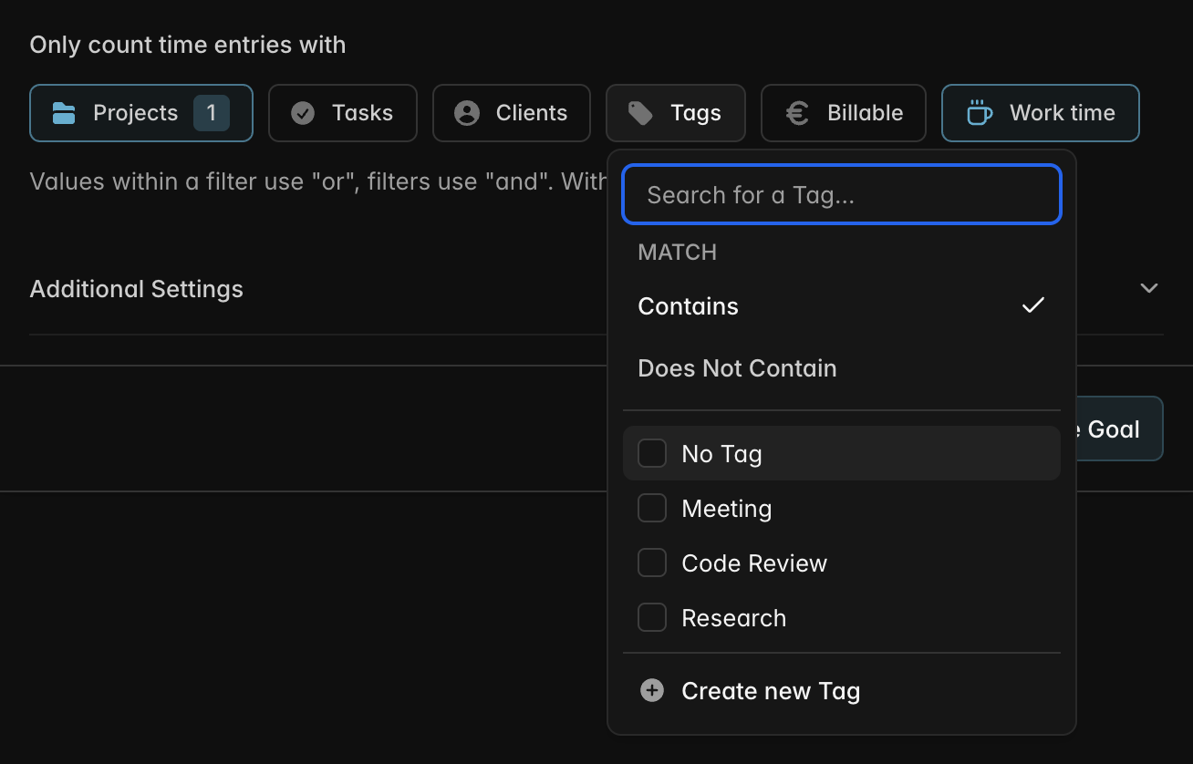 The goal filters with the Tags dropdown open, showing the Contains and Does Not Contain options