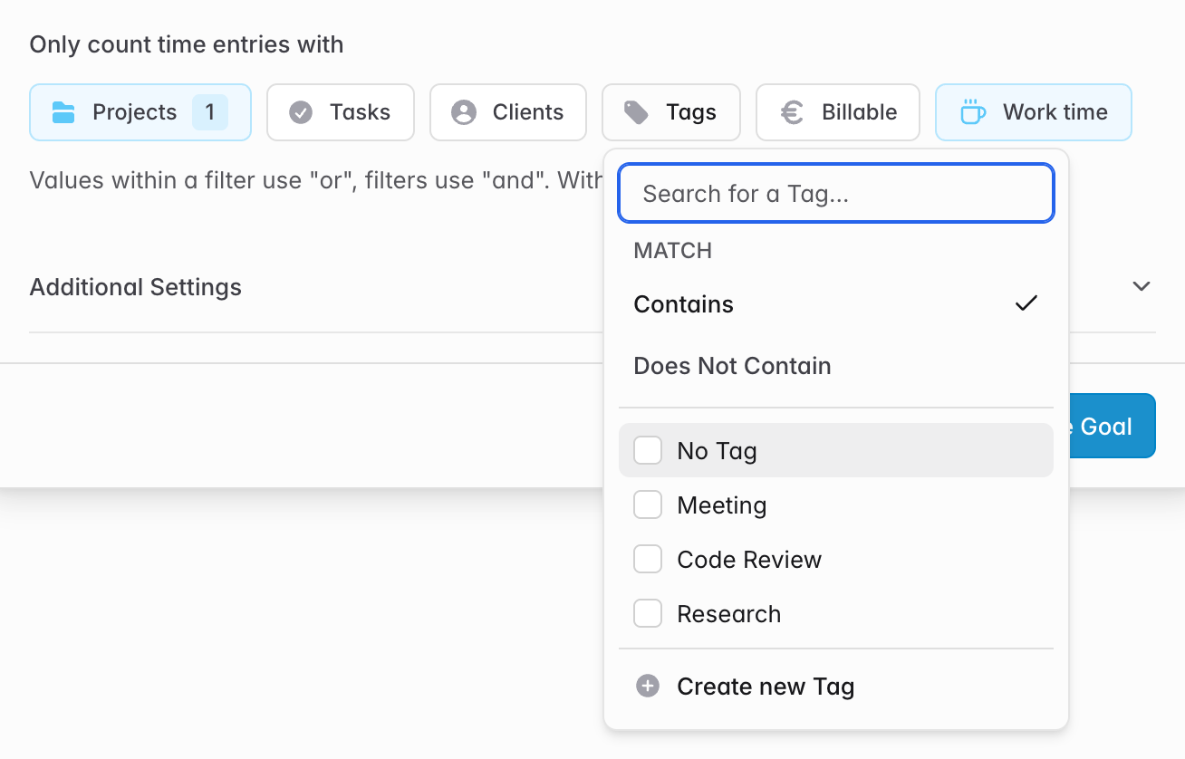 The goal filters with the Tags dropdown open, showing the Contains and Does Not Contain options