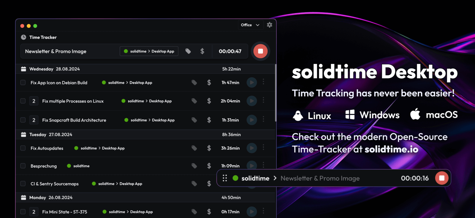 The solidtime desktop app running on macOS