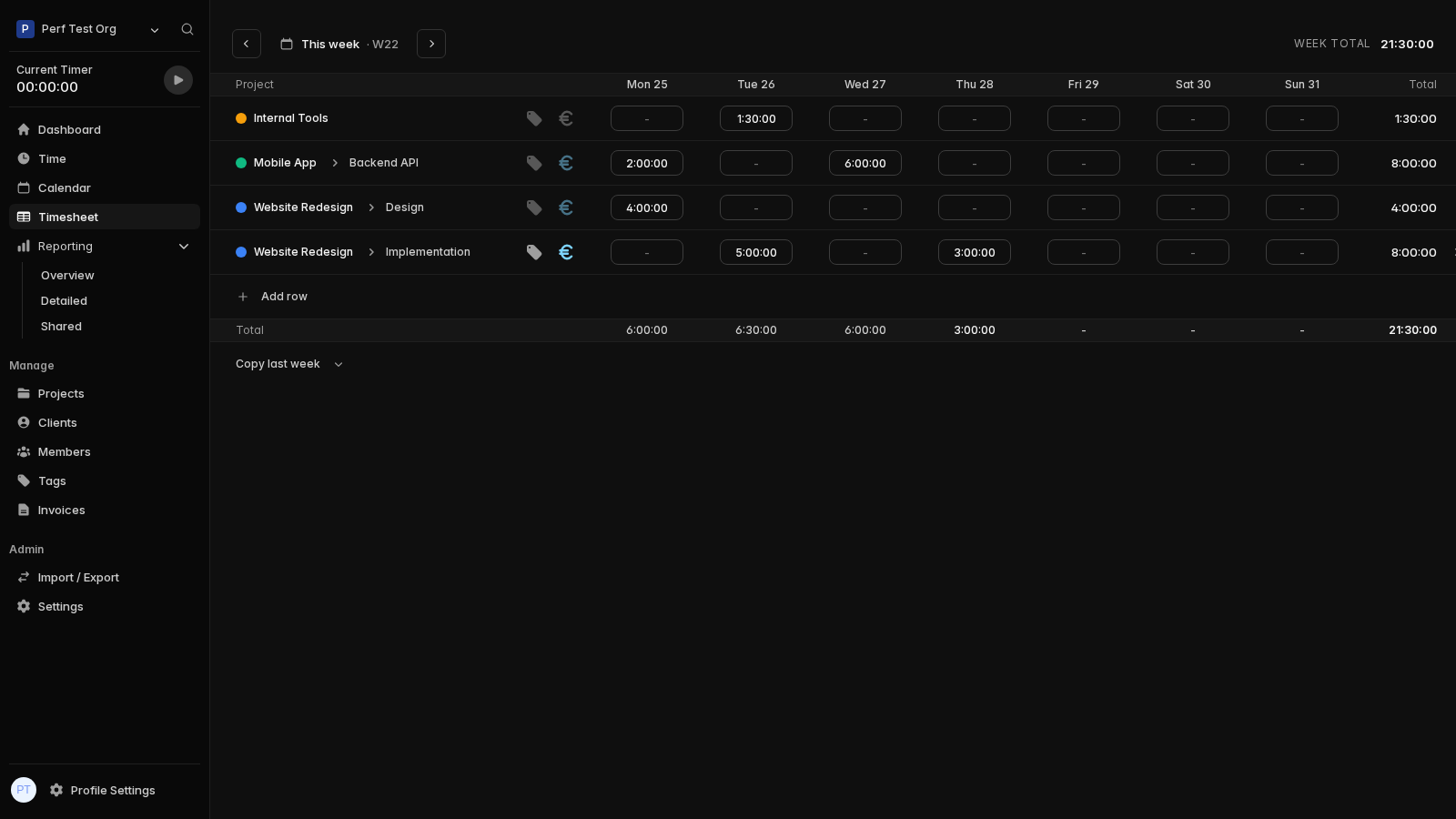 The solidtime Timesheet view — a weekly grid of projects and tasks